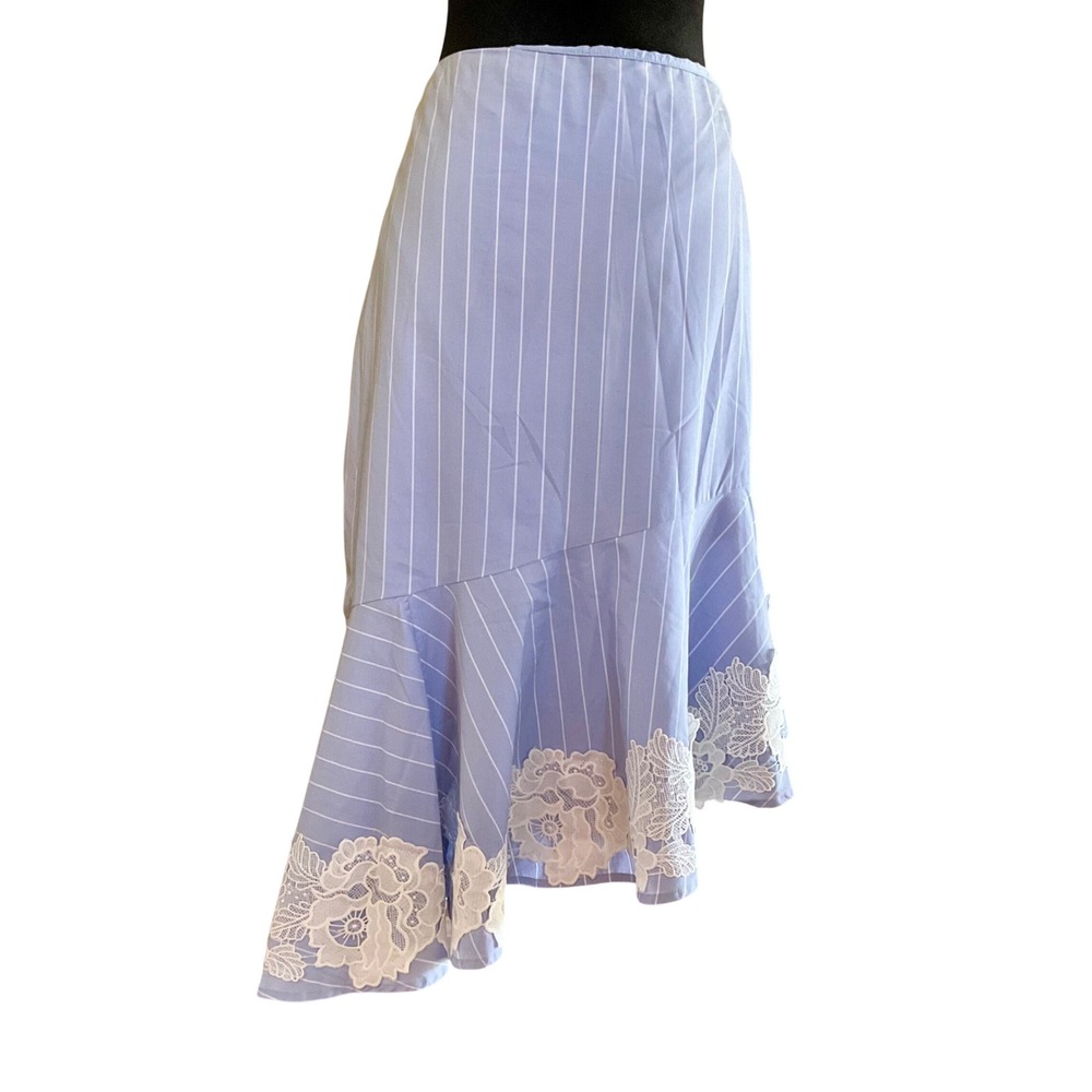 NY&Co 7th‎ Avenue Pinstripe Lace Hem Asymmetrical Midi Skirt 14 Romantic Coastal